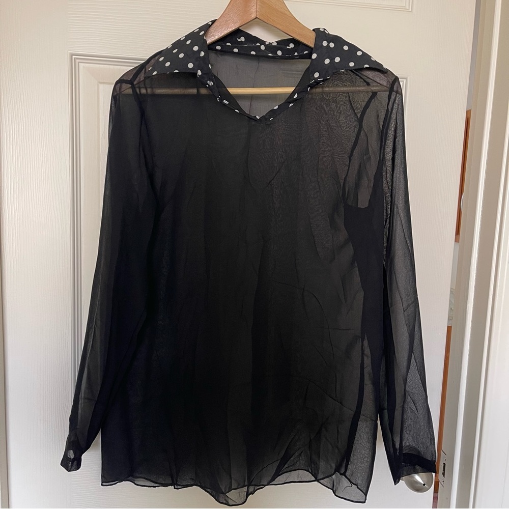 Sheer Black Long Sleeve Blouse w/ Polka Dot Collar